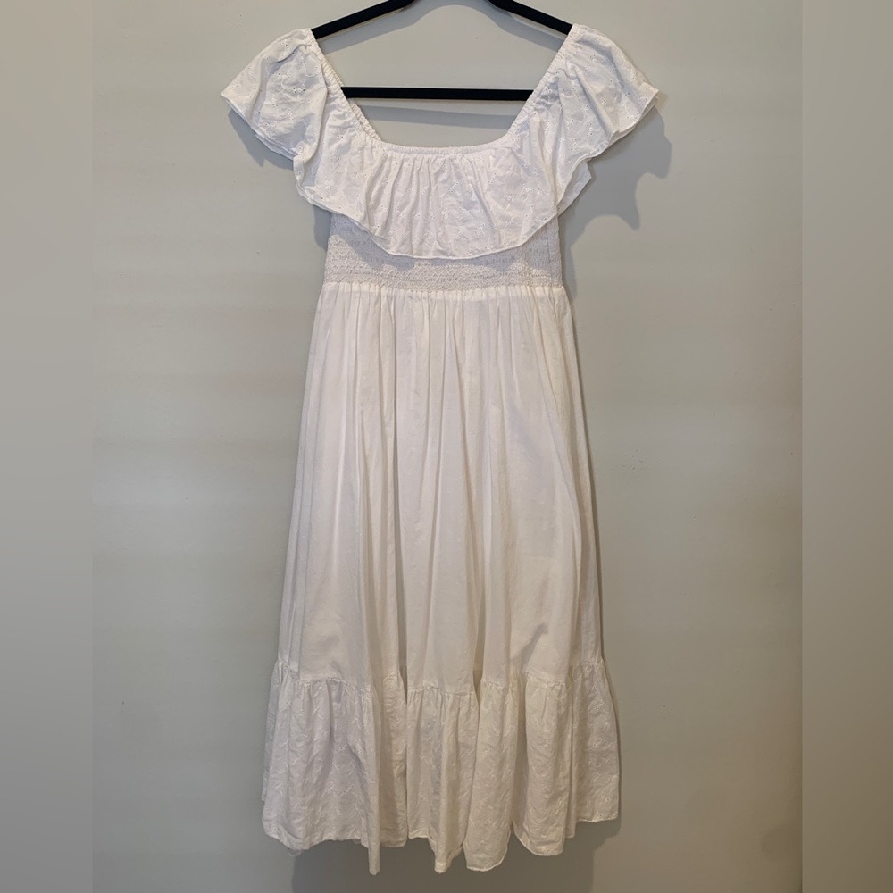 Childish Women’s White Midi Cotton Summer Dress Stretch Off The Shoulder Size S